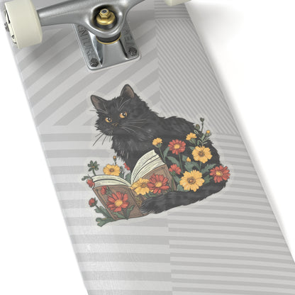 Black Cat Reading Sticker Decal, Kitten Flowers Book Floral Art Vinyl Laptop Cute Waterbottle Tumbler Car Waterproof Bumper Clear Aesthetic
