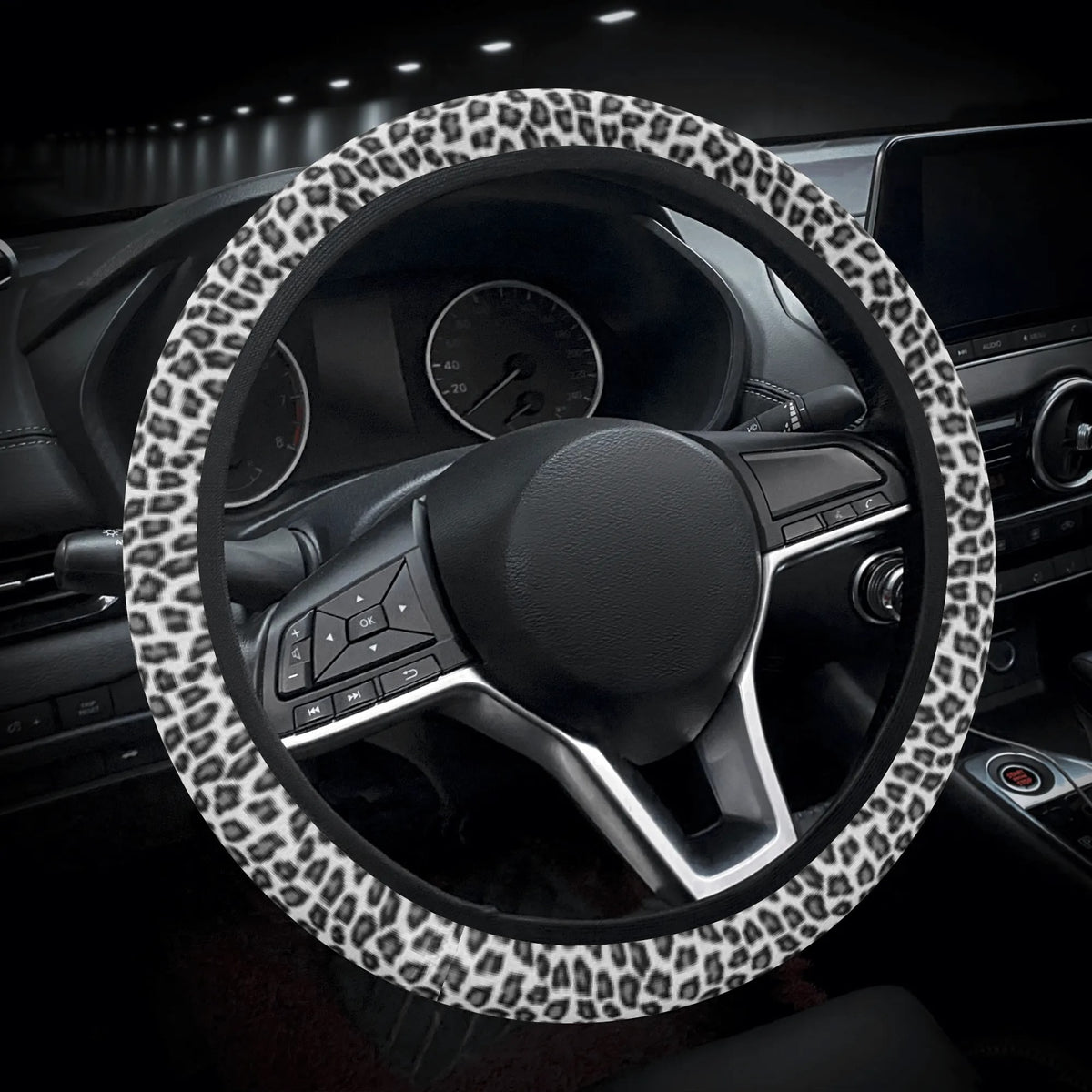 Snow Leopard Steering Wheel Cover, Black White Animal Print  Driving Cool Steer Print Car Auto Washable Wrap 15 inch Protector Accessories