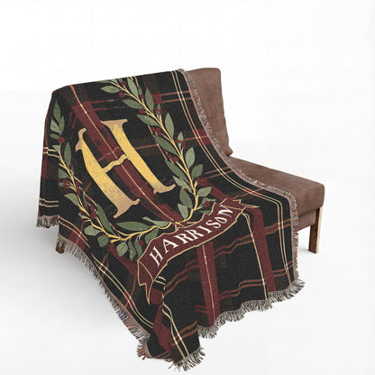 Custom Family Name Woven Throw Blanket Tapestry, Plaid Holiday Christmas Personalized Cotton Fringe Adult Kids Small Large Bed 50x60 Hanging