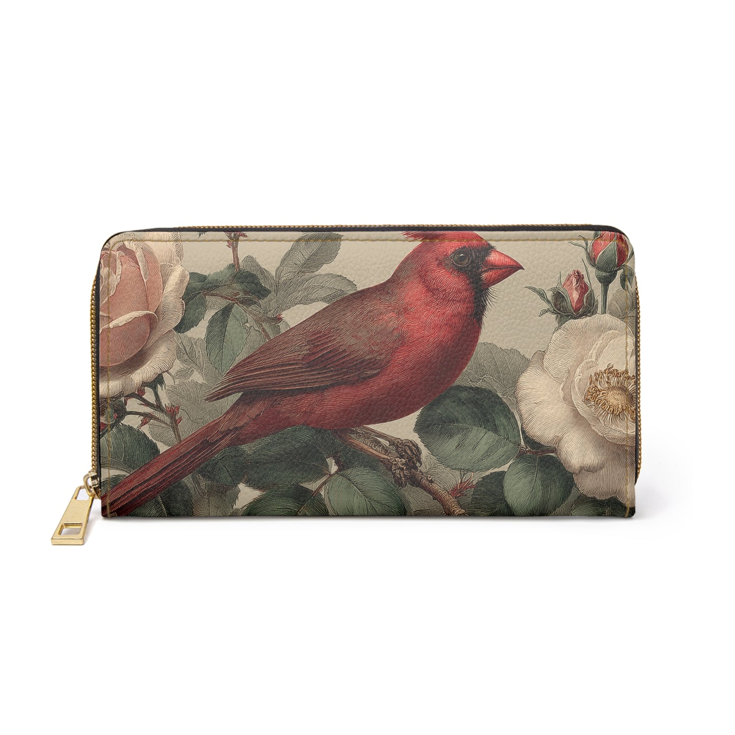 Cardinal Leather Wallet Women, Bird Roses Flowers Vegan Zipper Zip Around Coins Credit Cards Pocket Cash Ladies Pouch Slim Clutch Purse