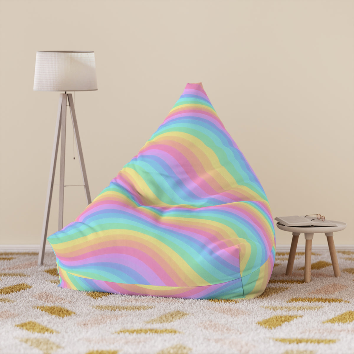 Rainbow Bean Bag Chair Cover, Pastel Wavy Stripes Washable Triangle Furniture Small Large Adult Children Kids Playroom Apartment Dorm Decor
