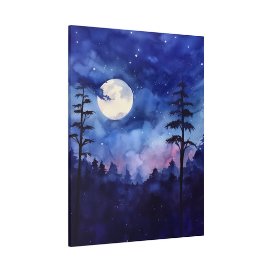 Night Sky Canvas Gallery Wrap, Full Moon Stars Trees Watercolor Matte Vertical Wall Art Print Decor Small Large Hanging Modern Living Room