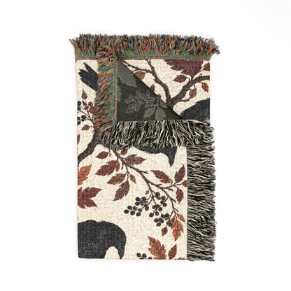 Black Raven Floral Woven Throw Blanket Tapestry, Halloween Autumn Fall Boho Gothic Crow Cotton Fringe Adult Kids Small Large Bed 50x60 Wall