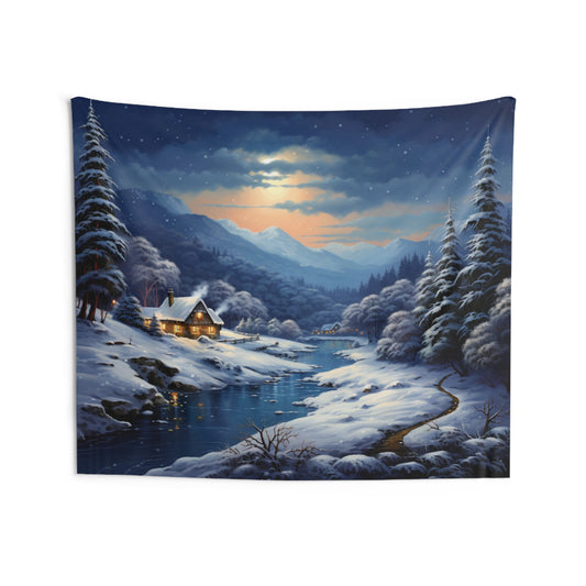 Snowy Winter Scene Landscape Tapestry, Trees Night Sky Wall Art Hanging Cool Unique Aesthetic Large Small Decor Bedroom College Dorm Starcove Fashion