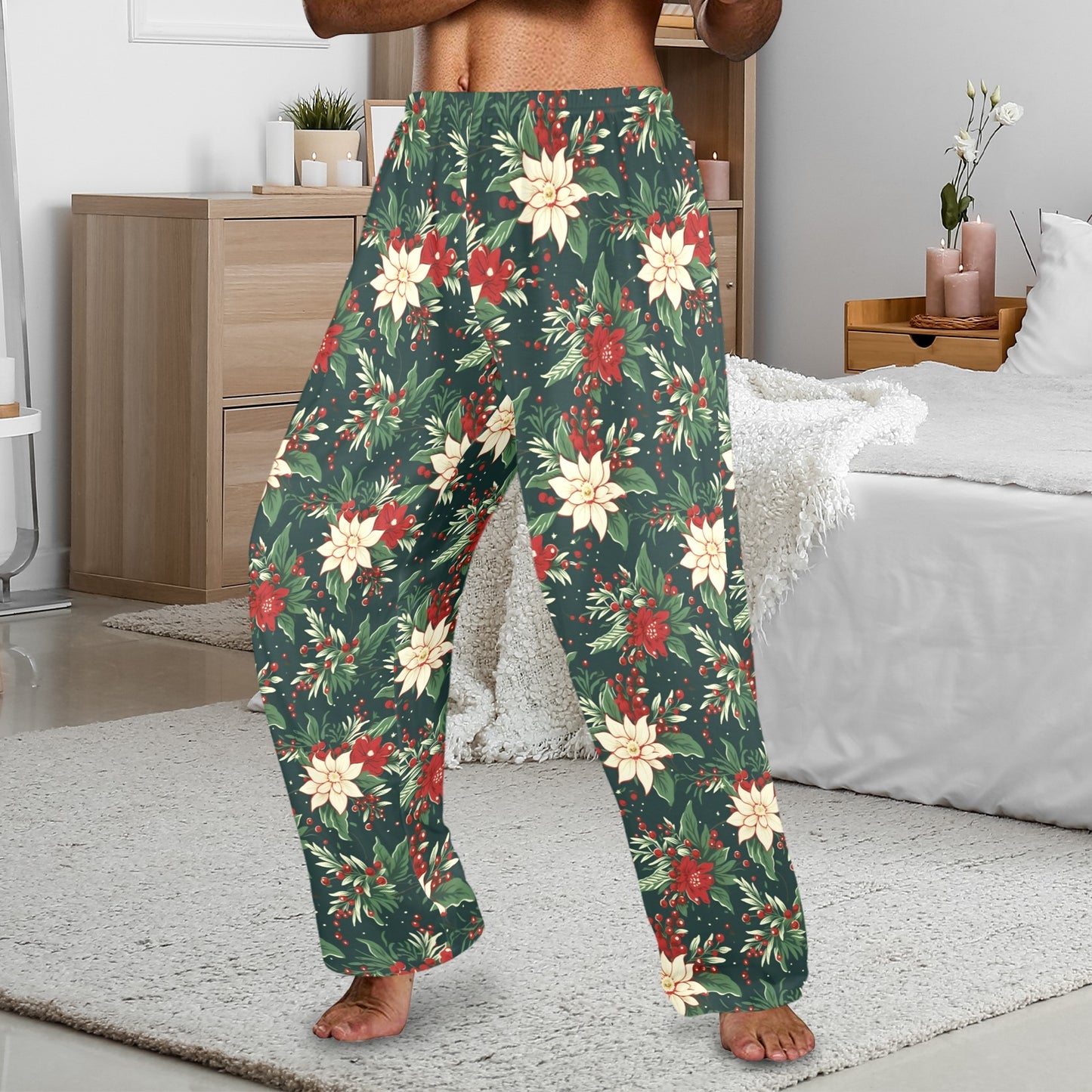 Christmas Berries Men Pajamas Pants, Xmas Trees Green Vintage Retro PJ Pockets Sleep Lounge Trousers Guys Male Plus Size Sleepwear Bottoms