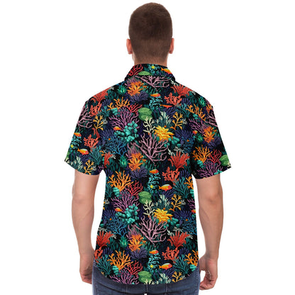 Coral Reef Short Sleeve Men Button Up Shirt, Sea Ocean Beach Tropical Fish Print Casual Buttoned Down Summer Collared Dress Shirt Starcove Fashion
