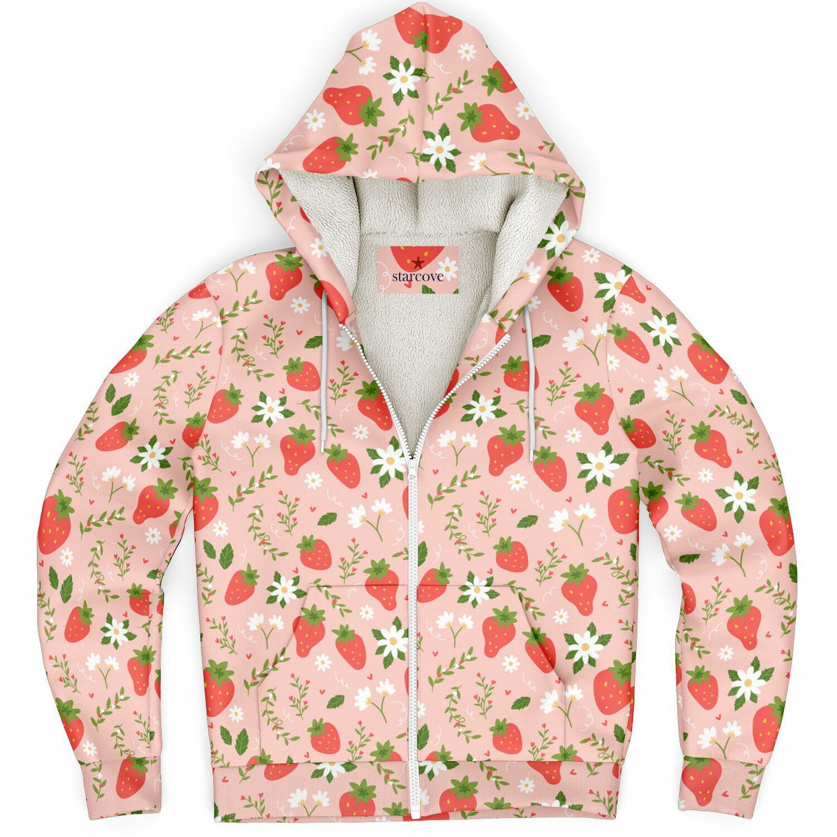 Strawberry Zip Up Fleece Lined Hoodie, Pink Floral Flowers Sherpa Heavyweight Full Zipper Men Women Unisex Graphic Hooded Sweatshirt Jacket