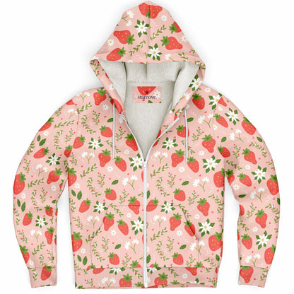 Strawberry Zip Up Fleece Lined Hoodie, Pink Floral Flowers Sherpa Heavyweight Full Zipper Men Women Unisex Graphic Hooded Sweatshirt Jacket