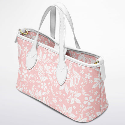 Pink Floral Tote Bag Purse, Flowers White Vegan Leather Print Handbag Women Zip Top Small Designer Handmade Shoulder Crossbody