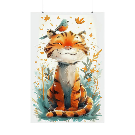 Tiger Bird on head Poster Print, Nursery Kids Animals Happy Boy Girl Vintage Retro Wall Art Vertical Paper Artwork Small Large Cool Decor
