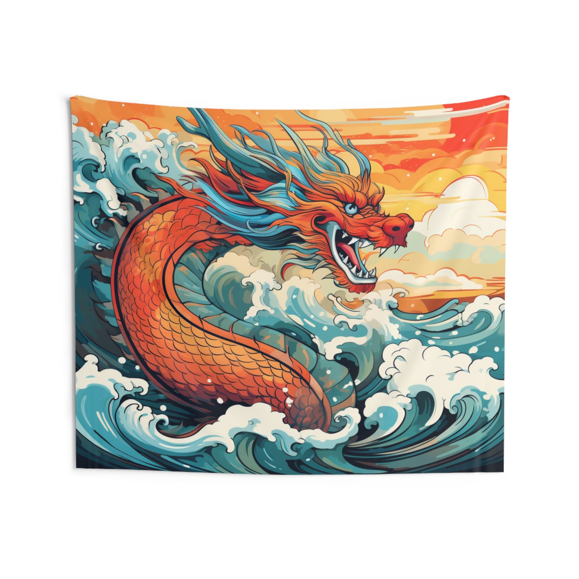 Dragon Tapestry, Japanese Waves Chinese Red Wall Art Hanging Cool Unique Landscape Aesthetic Large Small Decor Bedroom College Dorm Starcove Fashion