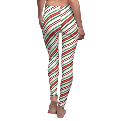 Candy Cane Christmas Leggings Women, Red White Green Striped Holiday Xmas Elf Costume Festive Peppermint Tights Fitted Ladies Yoga Pants