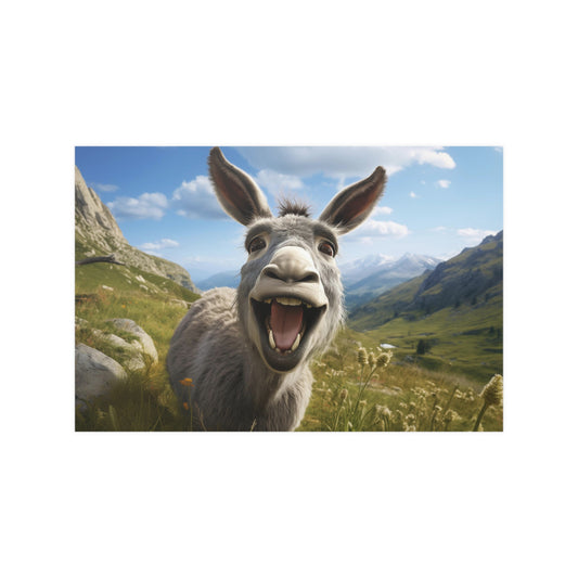 Donkey Painting Poster Print, Funny Happy Smiling Grinning Animal Mountain Wall Art Horizontal Paper Artwork Small Large Cool Room Decor