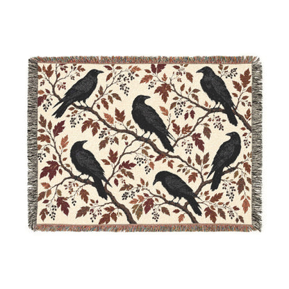 Black Raven Floral Woven Throw Blanket Tapestry, Halloween Autumn Fall Boho Gothic Crow Cotton Fringe Adult Kids Small Large Bed 50x60 Wall