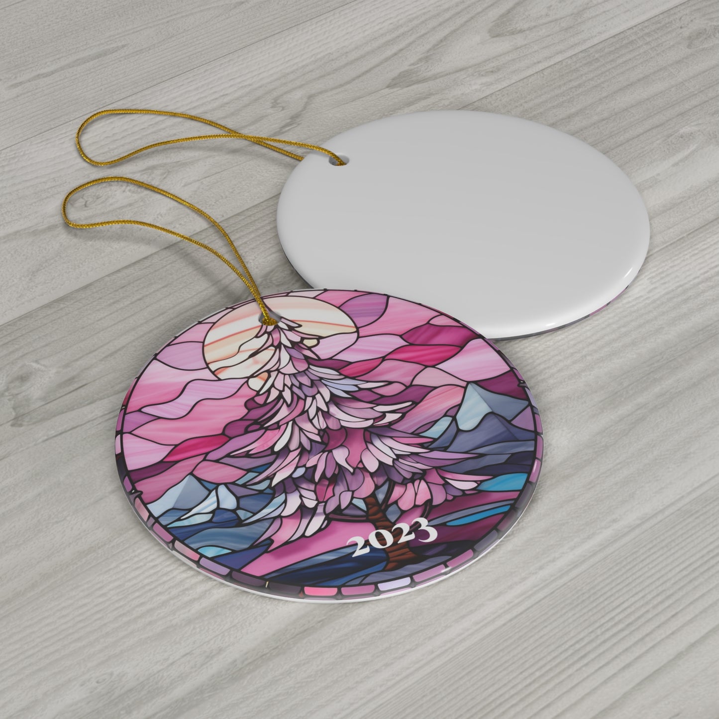 Pink Christmas 2023 Ornament, Printed Stained Glass Tree Decoration Holiday Gift Idea Heirloom Keepsake Round Ceramic Xmas Tree Starcove Fashion