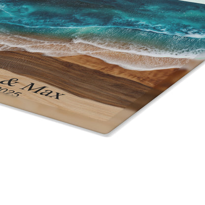 Personalized Glass Cutting Board, Custom Anniversary Coastal Wood Epoxy Charcuterie Chopping Tempered Small Large Kitchen Ocean Couples