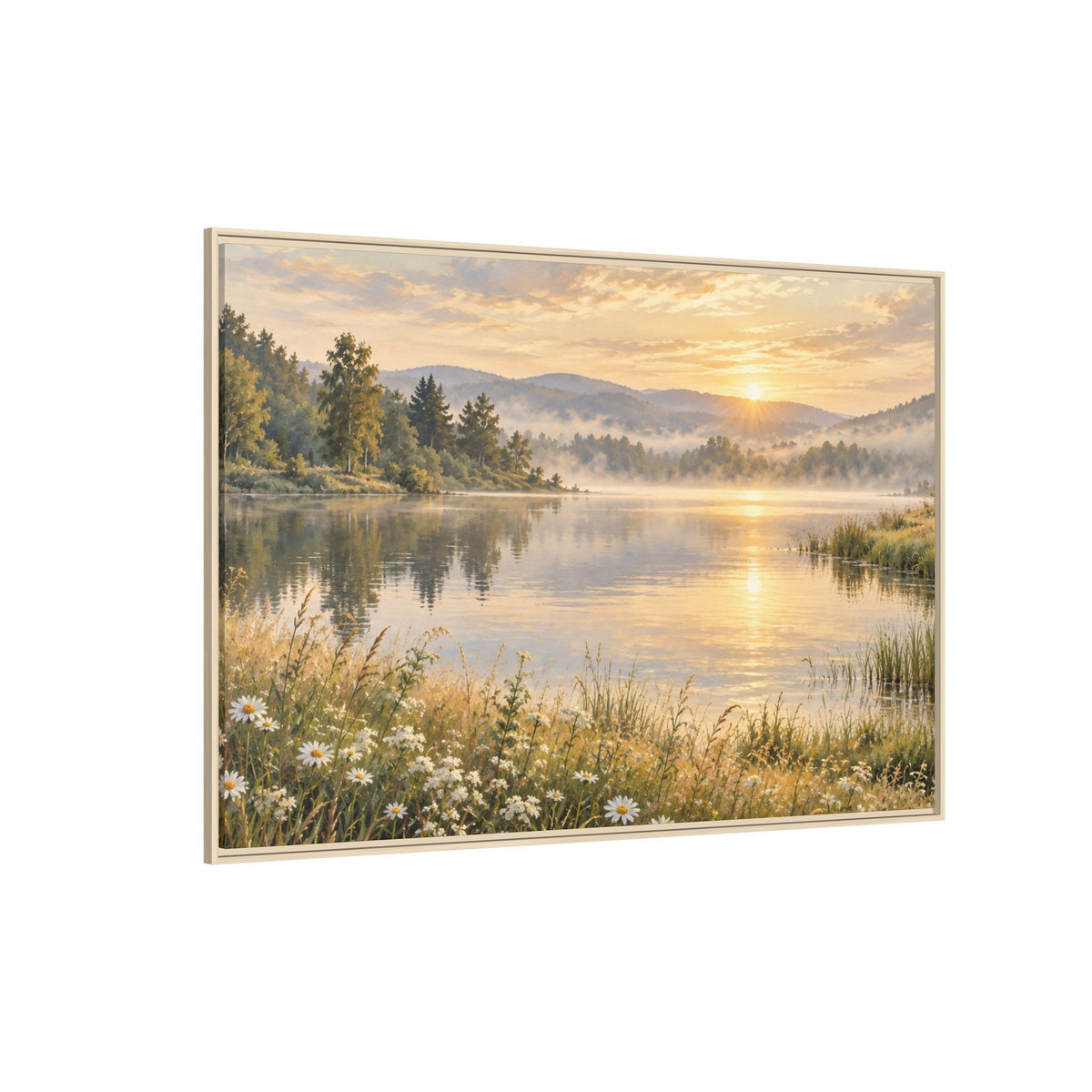 Misty Meadow Lake Wood Framed Canvas, Wildflower Farmhouse Wall Art Print Artwork Decor Small Large Hanging Matte Landscape Square Poster