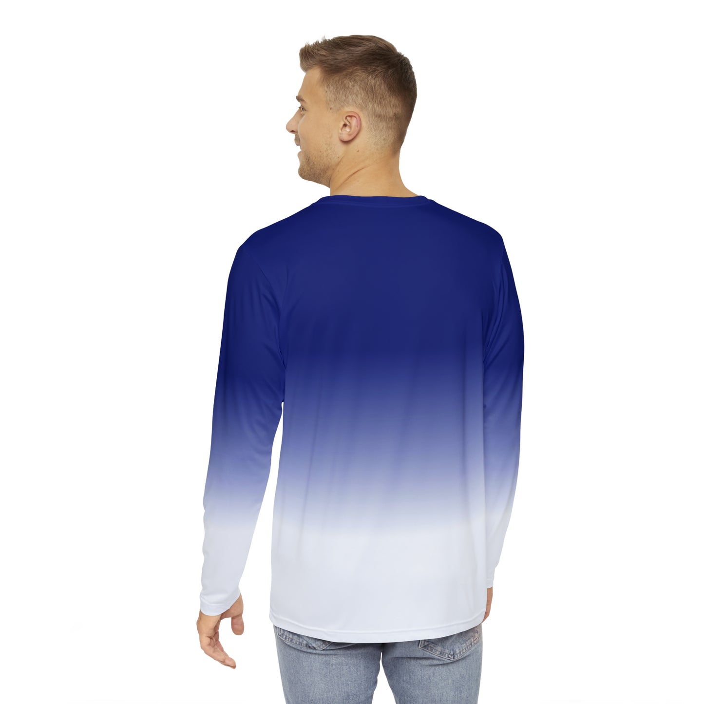 Blue White Ombre Men Long Sleeve Tshirt, Tie Dye Gradient Unisex Women Designer Graphic Aesthetic Crew Neck Tee Shirt Gift