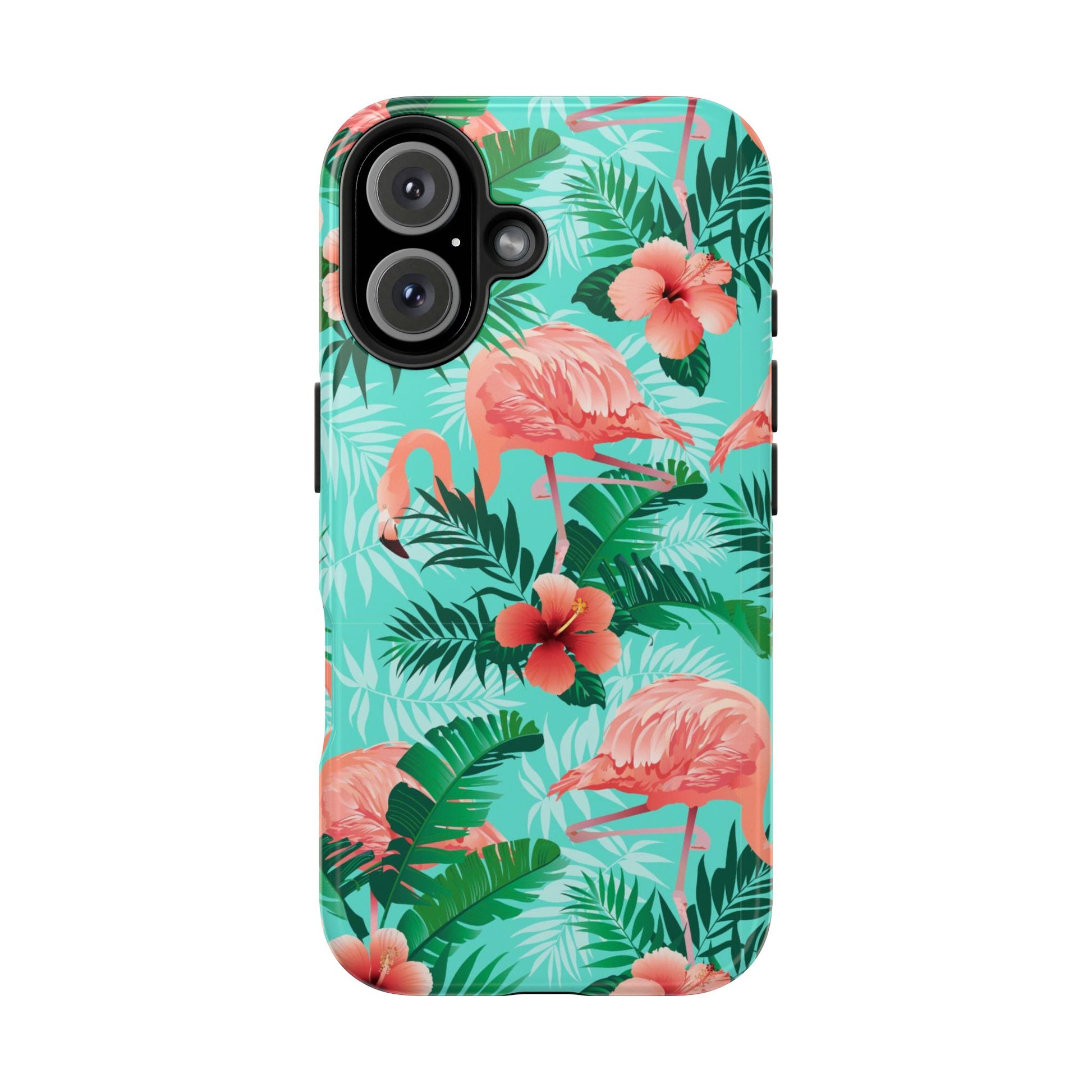 Pink Flamingo iPhone 17 16 15 14 13 12 11 Pro Max Case, Green Tropical Leaf Monstera Print Cute Gift XS XR X 7 Plus 8 Tough Cell Phone - Starcove Fashion