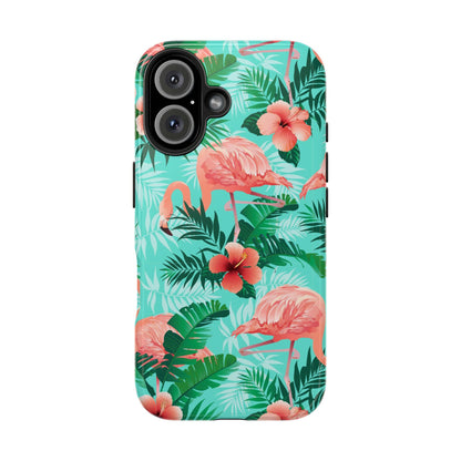 Pink Flamingo iPhone 17 16 15 14 13 12 11 Pro Max Case, Green Tropical Leaf Monstera Print Cute Gift XS XR X 7 Plus 8 Tough Cell Phone - Starcove Fashion