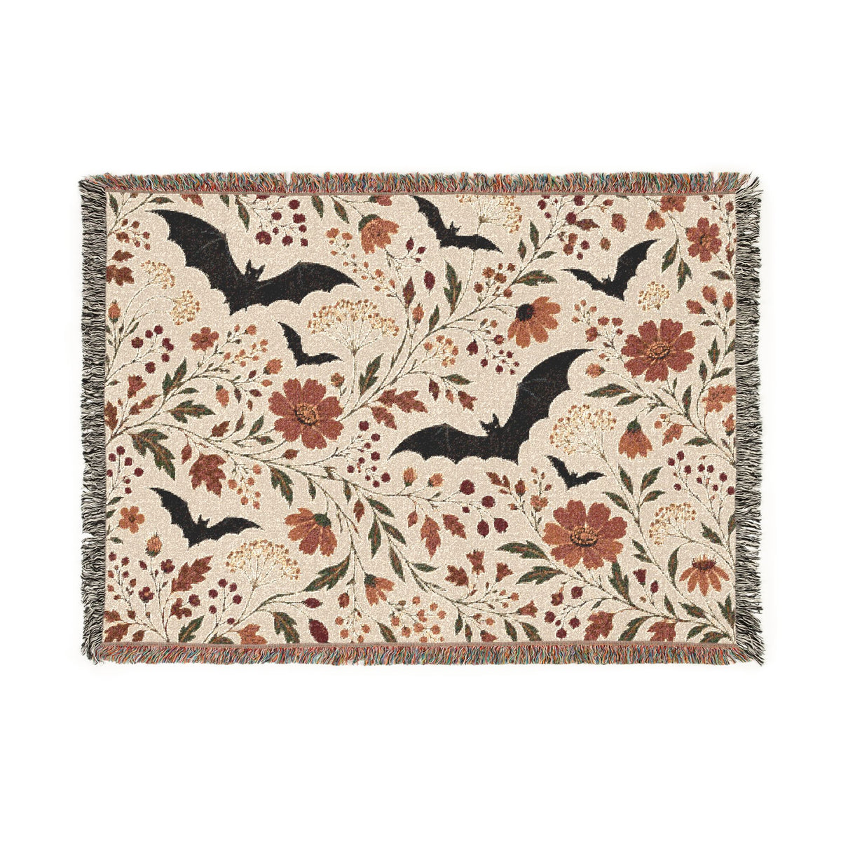 Bat Floral Woven Throw Blanket Tapestry, Halloween Autumn Fall Boho Cotton Fringe Warm Adult Kids Small Large Sofa Bed 50x60 Wall Hanging