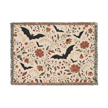 Bat Floral Woven Throw Blanket Tapestry, Halloween Autumn Fall Boho Cotton Fringe Warm Adult Kids Small Large Sofa Bed 50x60 Wall Hanging