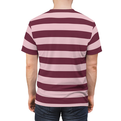 Burgundy Pink Striped Tshirt, Maroon Blush Horizontal Retro Designer Lightweight Heavyweight Crewneck Men Women Tee Top Short Sleeve Shirt