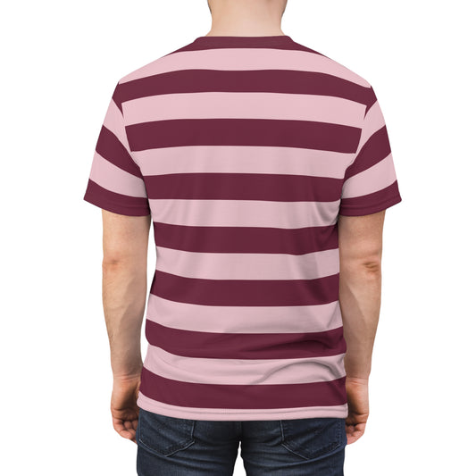 Burgundy Pink Striped Tshirt, Maroon Blush Horizontal Retro Designer Lightweight Heavyweight Crewneck Men Women Tee Top Short Sleeve Shirt