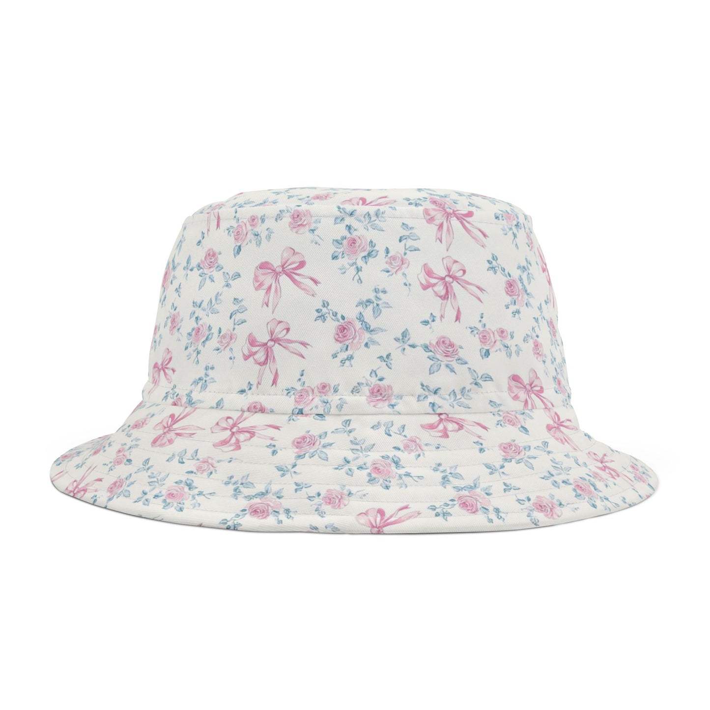 Pink Rose Bows Bucket Cap Hat, White Floral Flowers Print Beach Women Men Golf Summer Festival Cute Designer Sun Shade Ladies Small Large