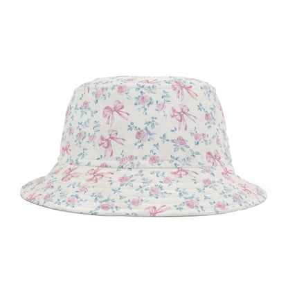 Pink Rose Bows Bucket Cap Hat, White Floral Flowers Print Beach Women Men Golf Summer Festival Cute Designer Sun Shade Ladies Small Large
