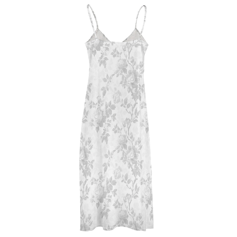 White Floral Maxi Dress, Flowers Long Spaghetti Straps Flowy Women Sleeveless Casual Cute Designer Elegant Plus Size Cocktail Party Summer