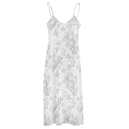White Floral Maxi Dress, Flowers Long Spaghetti Straps Flowy Women Sleeveless Casual Cute Designer Elegant Plus Size Cocktail Party Summer
