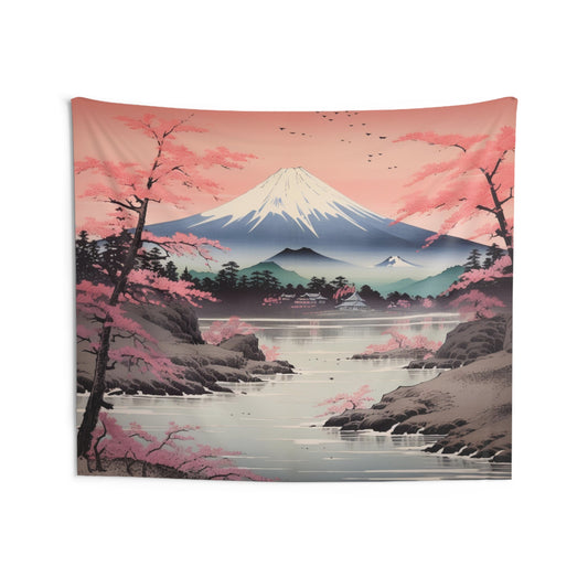 Japanese Tapestry, Mount Fuji Cherry Blossoms Pink Wall Art Hanging Cool Unique Landscape Aesthetic Large Small Bedroom College Dorm Starcove Fashion