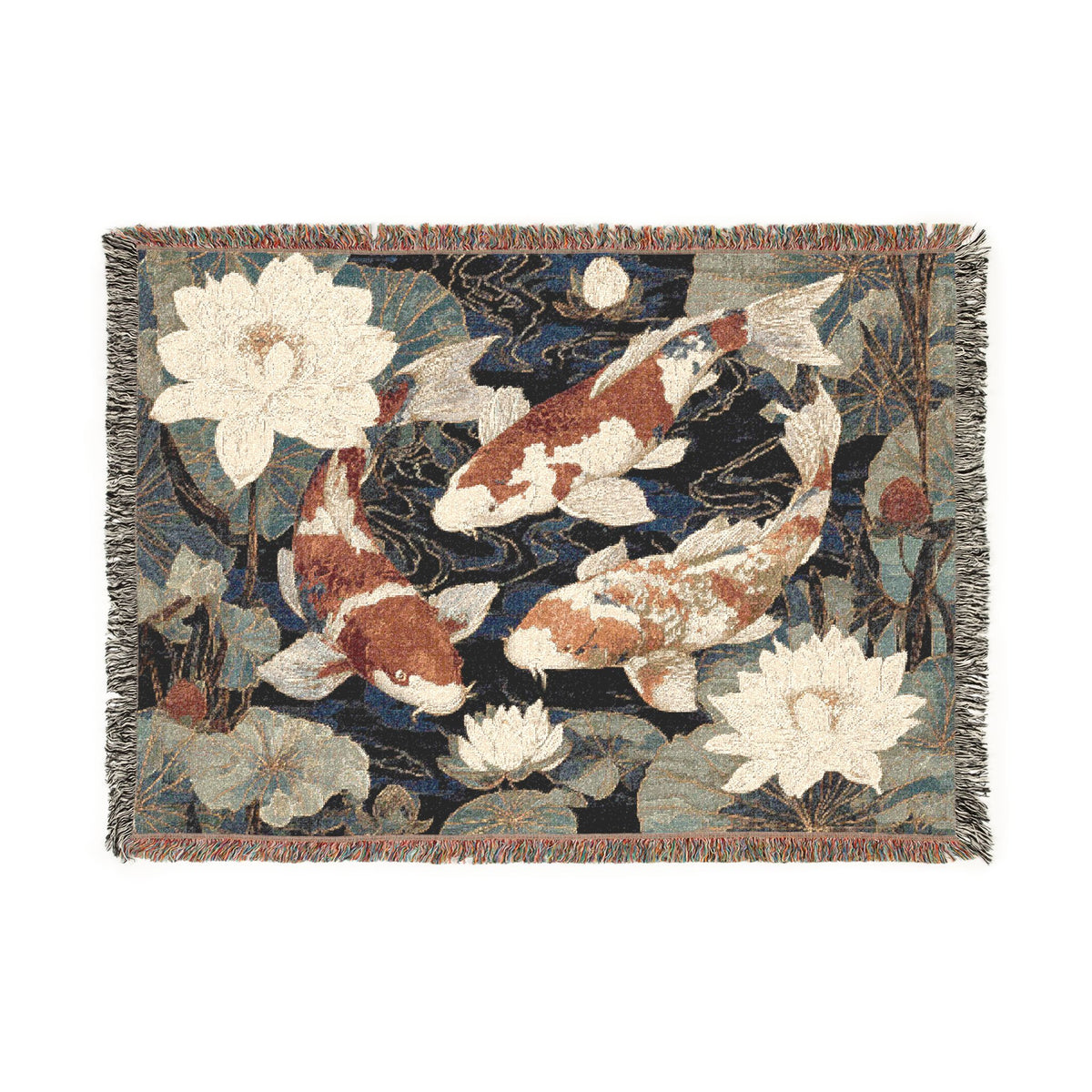 Koi Fish Woven Throw Blanket Tapestry, Japanese Lilly Pond Zen Cotton Fringe Cozy Warm Adult Kids Small Large Sofa Bed 50x60 Decorative