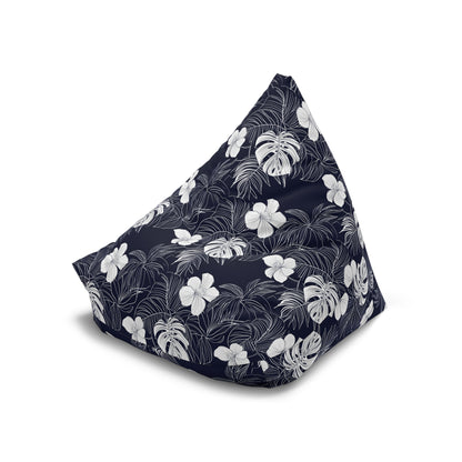 Navy Blue Tropical Bean Bag Chair Cover, Hibiscus Floral White Washable Triangle Small Large Adult Children Kids Sofa Dorm Unfilled Sack