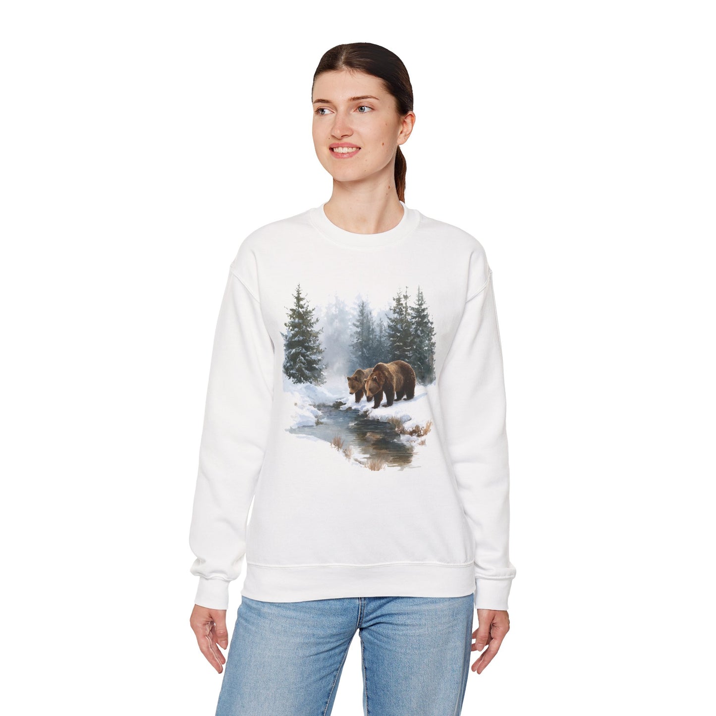 Grizzly Bears Wilderness Scene Sweatshirt, Retro Trees White Graphic Crewneck Fleece Cotton Sweater Jumper Pullover Men Women Designer Top