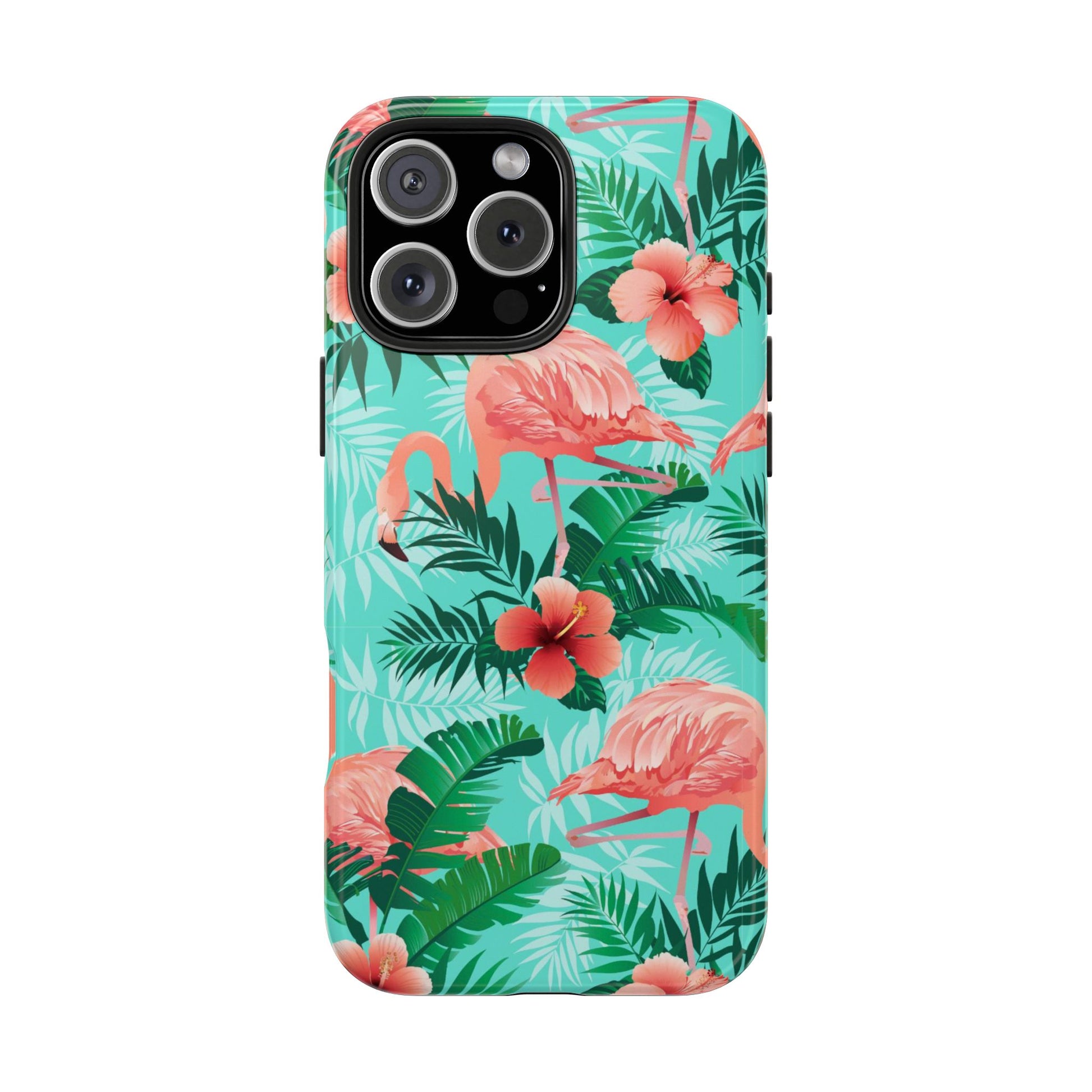 Pink Flamingo iPhone 17 16 15 14 13 12 11 Pro Max Case, Green Tropical Leaf Monstera Print Cute Gift XS XR X 7 Plus 8 Tough Cell Phone - Starcove Fashion