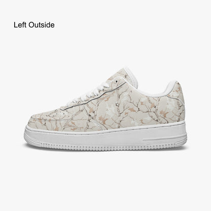 White Real Camo Leather Shoes, Camouflage Cream Men Women Vegan Sneakers Low Top Lace Up Designer Flat Casual Handmade