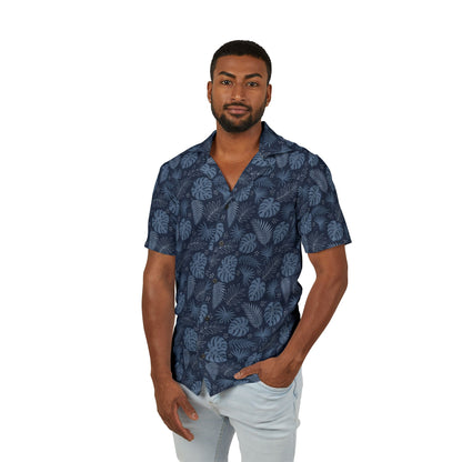 Navy Blue Men Luxury Hawaiian Camp Shirt, Palm Tree Leaf Print Linen Look Summer Hawaii Aloha Tropical Beach Button Up Resort Shirt M