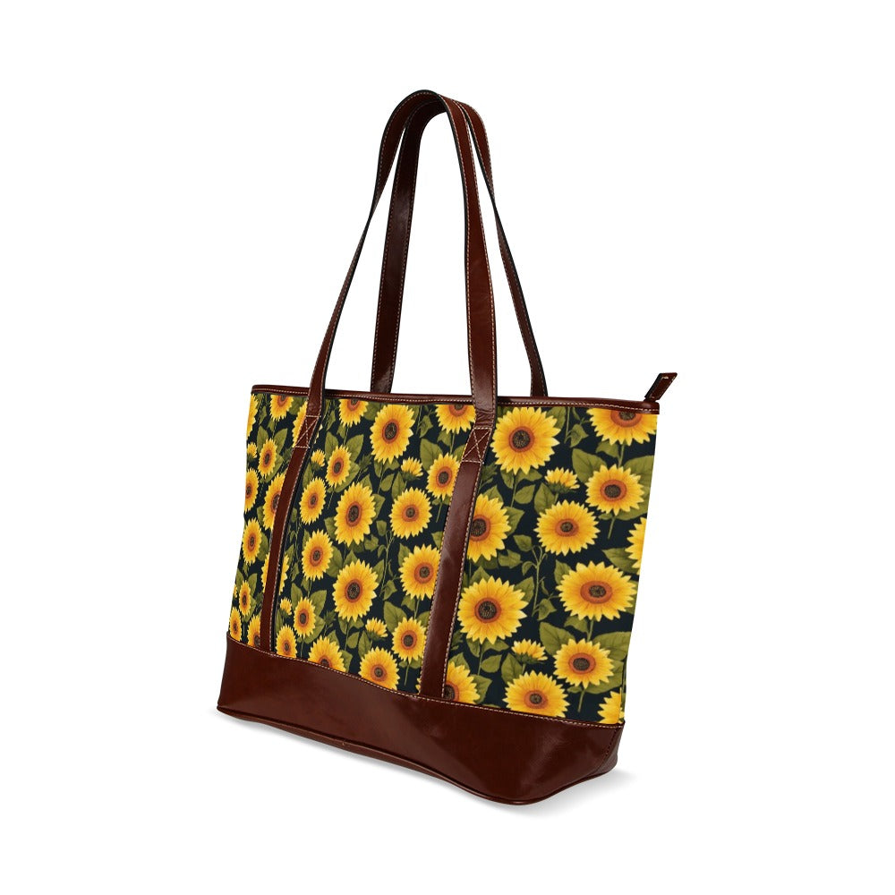Sunflower Canvas Tote Bag Zipper, Floral Waterproof Pockets Beach Pool Designer Fabric Shoulder Handbag Women Work Purse Travel Carry On - Starcove Fashion