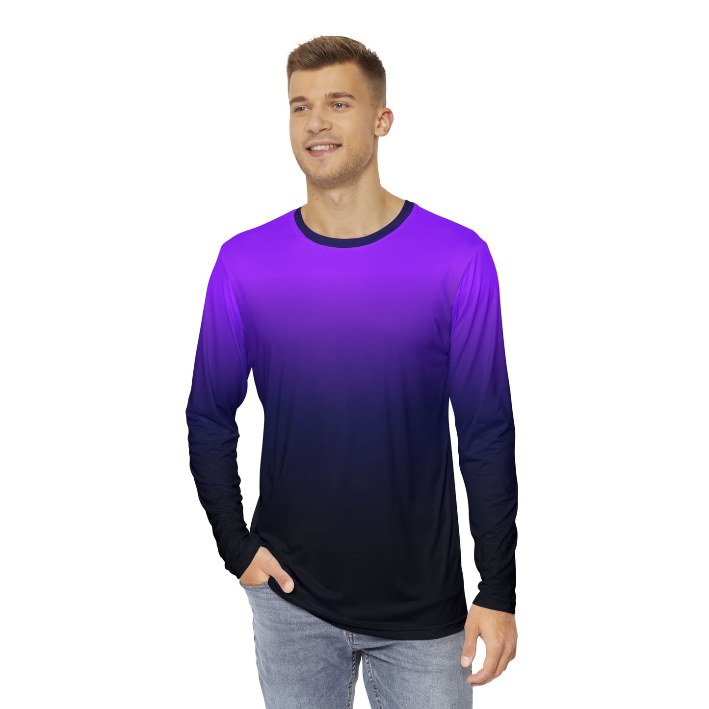 Black Blue Purple Ombre Men Long Sleeve Tshirt, Gradient Tie Dye Unisex Guys Women Designer Graphic Aesthetic Print Crew Neck Tee Shirt Top