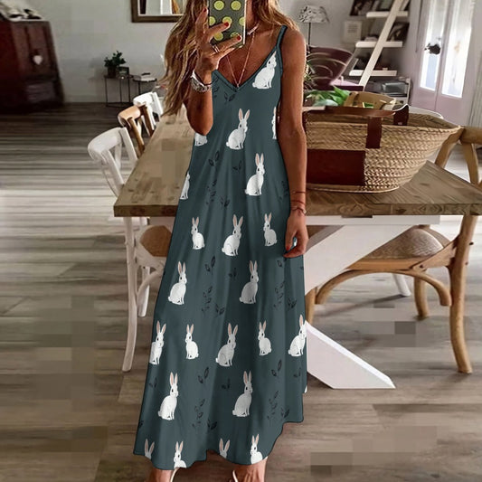 Bunny Maxi Dress, Rabbits Easter Green Long Spaghetti Straps Women Sleeveless Casual Cute Designer Elegant Plus Size Cocktail Party Designer