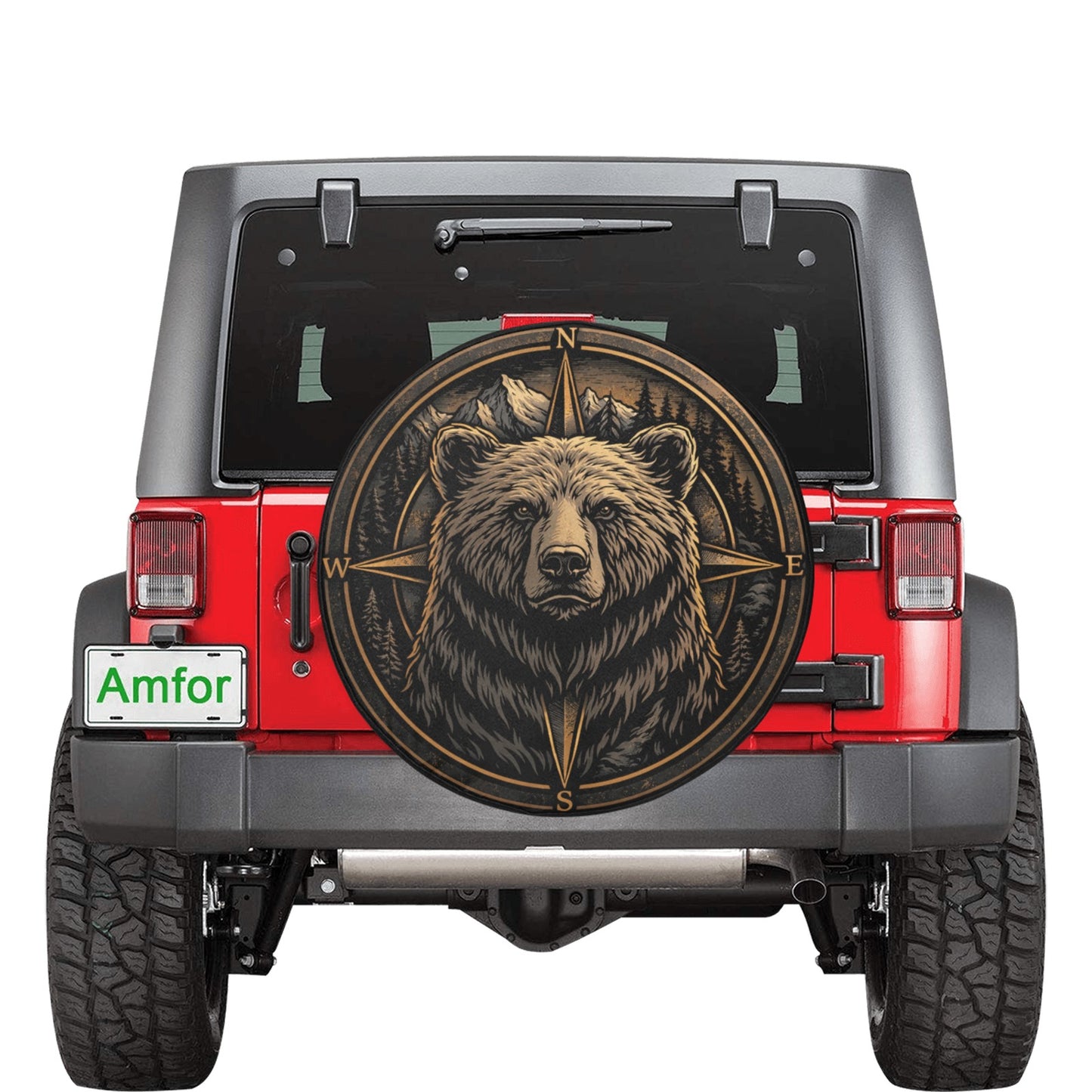 Grizzly Bear Compass Spare Tire Cover, Wilderness Unique Rear Extra Wheel RV Camper Back Camera Hole Car Auto Outdoor Adventurous Trailer