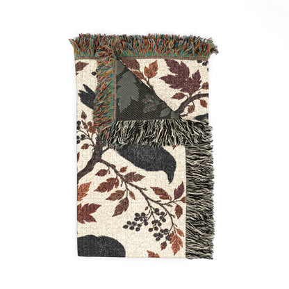 Black Raven Floral Woven Throw Blanket Tapestry, Halloween Autumn Fall Boho Gothic Crow Cotton Fringe Adult Kids Small Large Bed 50x60 Wall