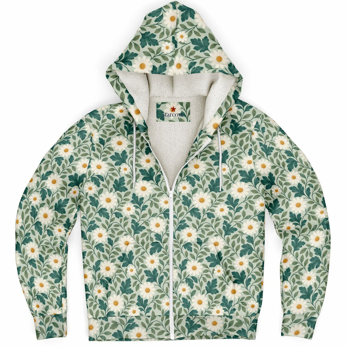 Daisy Zip Up Fleece Lined Hoodie, Floral Green Flowers Sherpa Heavyweight Full Zipper Pocket Men Women Unisex Hooded Sweatshirt Jacket