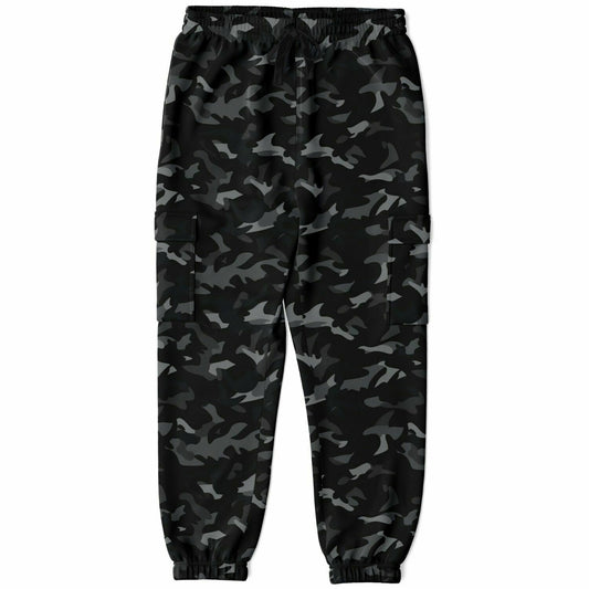Black Camo Cargo Pants with Flap Pockets, Camouflage Men Women Fleece Joggers Sweatpants Cotton Sweats Streetwear Trousers Starcove Fashion