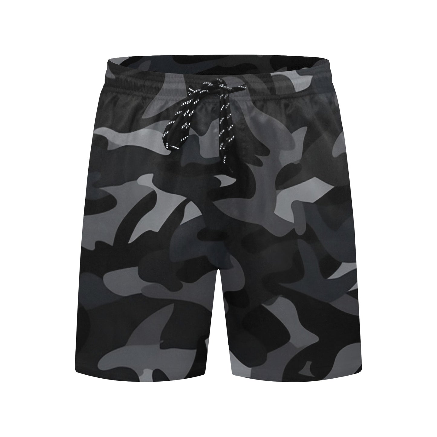Black Camo Men Swim Trunks, 7" Inseam Shorts Camouflage Beach Pockets Mesh Lining Drawstring Casual Bathing Suit Plus Size Male Swimwear