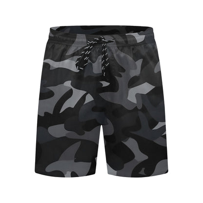 Black Camo Men Swim Trunks, 7" Inseam Shorts Camouflage Beach Pockets Mesh Lining Drawstring Casual Bathing Suit Plus Size Male Swimwear