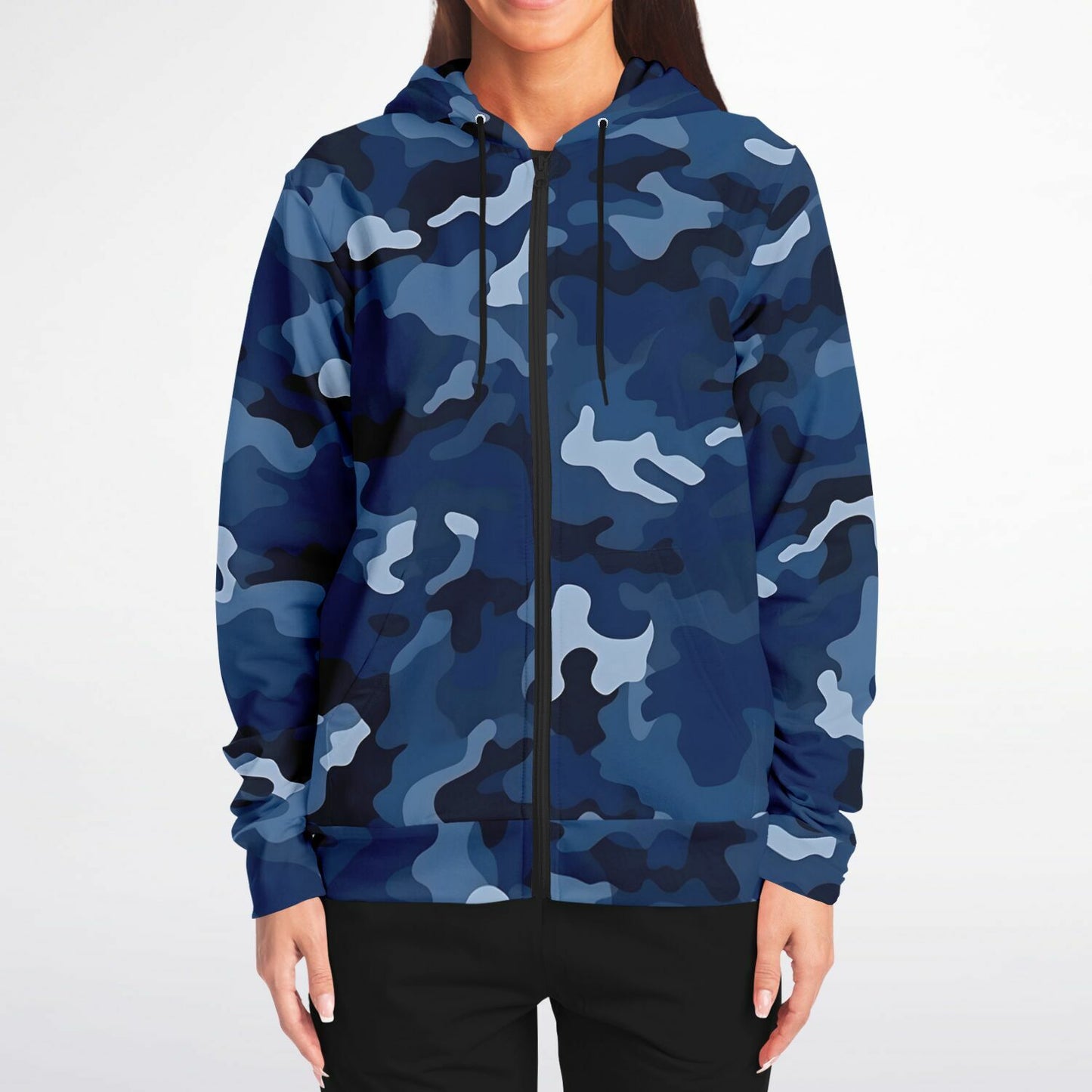 Navy Blue Camo Zip Up Hoodie, Camouflage Full Zipper Pocket Men Women Unisex Adult Aesthetic Graphic Cotton Fleece Hooded Sweatshirt