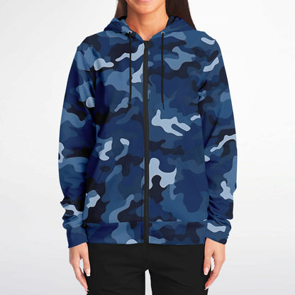 Navy Blue Camo Zip Up Hoodie, Camouflage Full Zipper Pocket Men Women Unisex Adult Aesthetic Graphic Cotton Fleece Hooded Sweatshirt